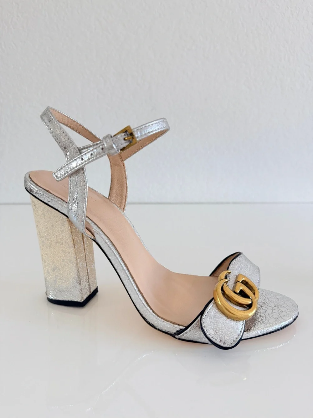 Gucci Silver Metallic GG Logo Block Heel Sandals with Gold Accent